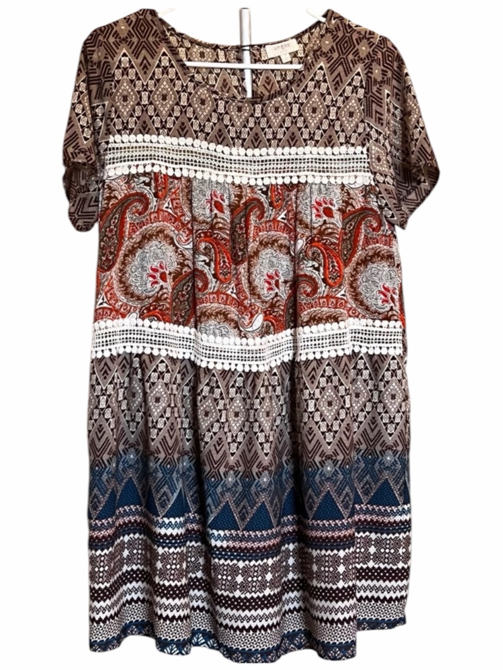 Umgee brown blue tan red patterned peplum dress. Size small
